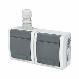 ATLAS IP65 Zásuvka 2x 2P+PE, 2-násobná vodorovná s vývodkou M20, na povrch, šedá