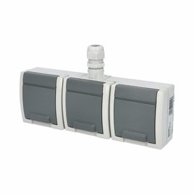 ATLAS IP65 Zásuvka 3x 2P+PE, 3-násobná vodorovná s vývodkou M20, na povrch, šedá